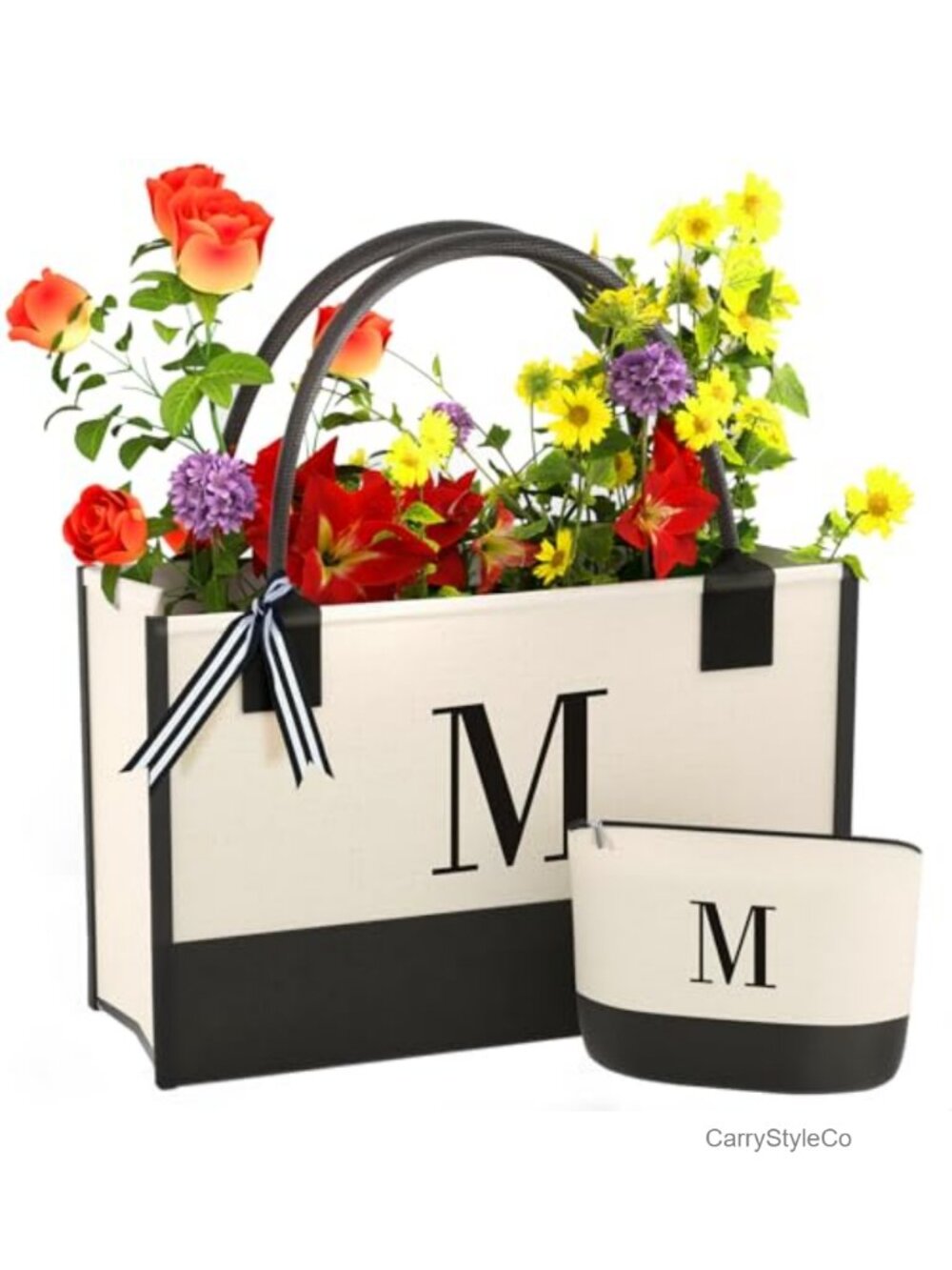 Personalized Canvas Tote Bag with Zipper Pocket & Makeup Bag